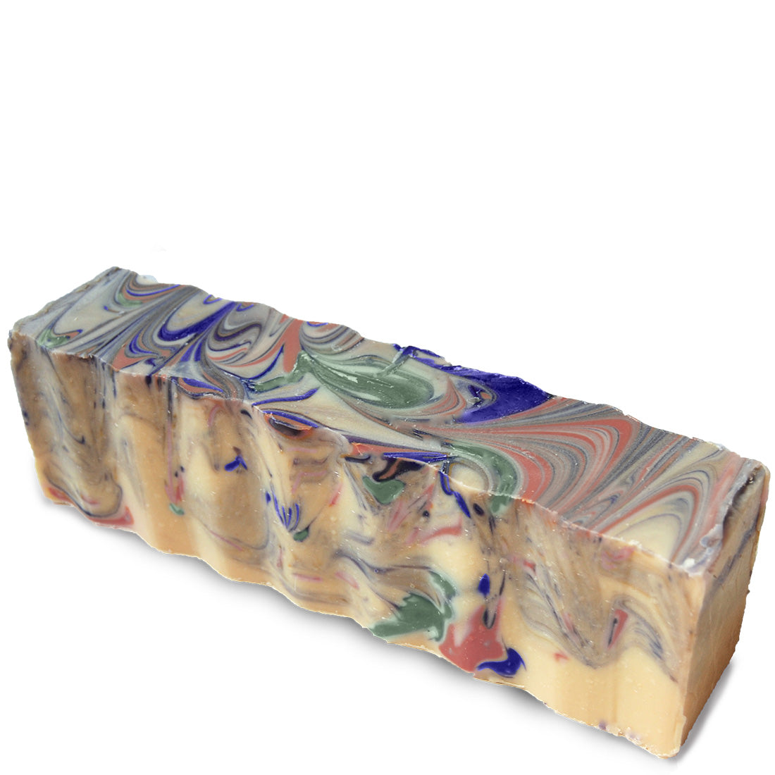 Pink, green, blue, and cream swirled brick of soap.