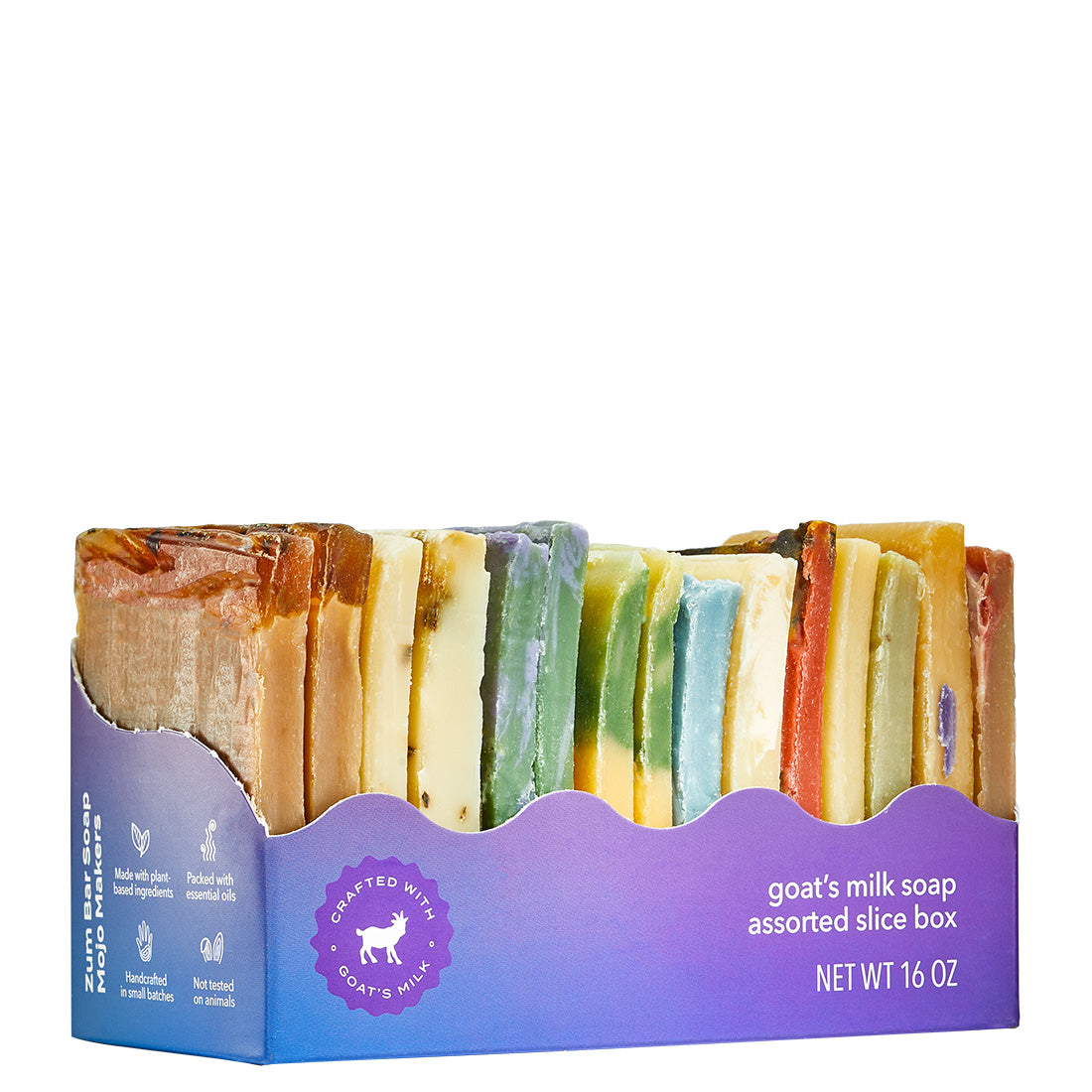 uncovered purple box filled with 16 oz of soap slices in assorted scents.