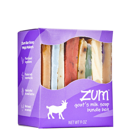 Purple box with a wavy cutout to view assorted Zum Bar Soap slices
