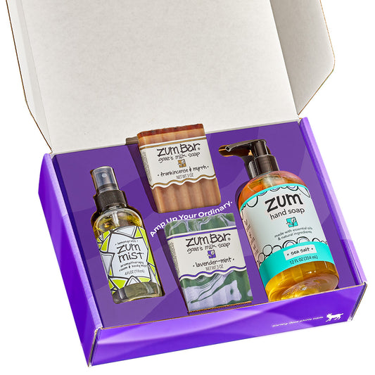 2 Zum Bar Soaps, 1 Zum Mist, and 1 Zum Hand Soap in a purple gift box