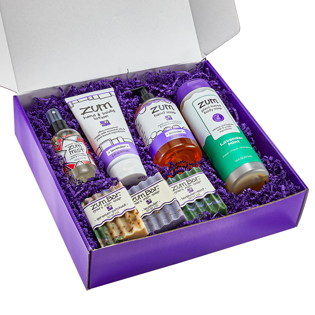 Set of Zum body care products in a purple box