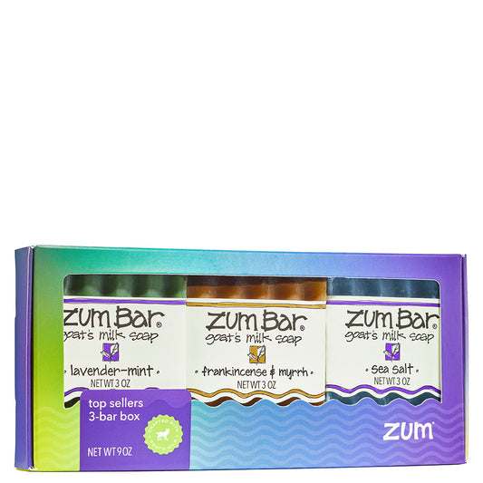 A colorful box with 3 labeled Zum Bar Soaps including Lavender-Mint, Frankincense & Myrrh, and Sea Salt