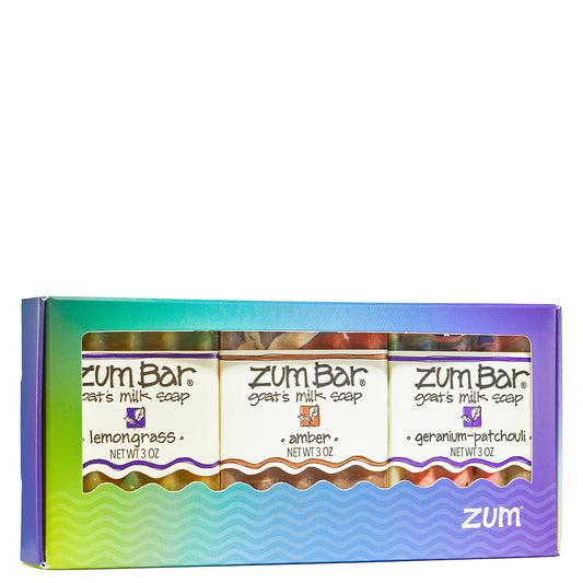A colorful box with 3 labeled Zum Bar Soaps of your choice.