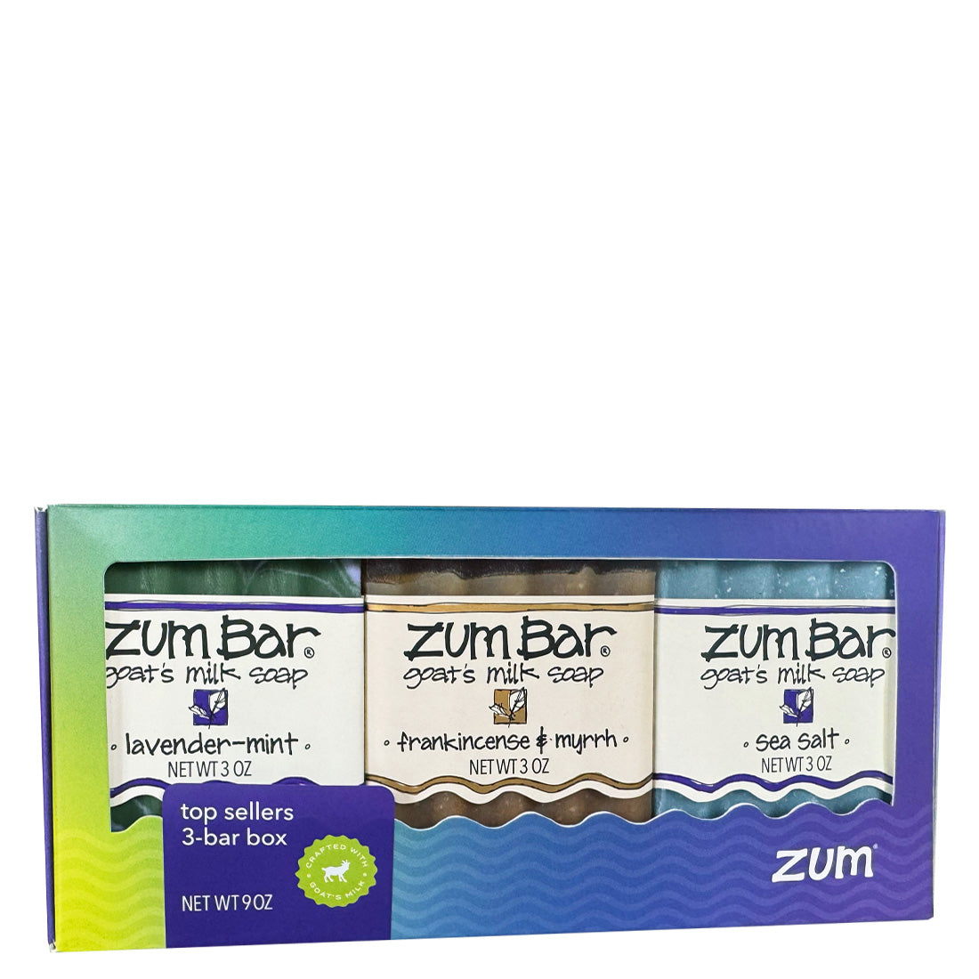 A colorful box with 3 labeled Zum Bar Soaps including Lavender-Mint, Frankincense & Myrrh, and Sea Salt.