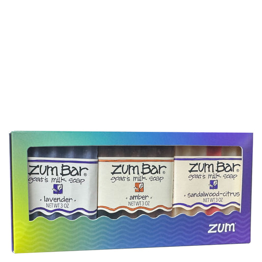 A colorful box with 3 labeled Zum Bar Soaps of your choice.