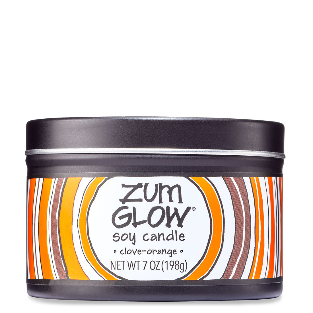 Clove-Orange scented candle in a black tin.