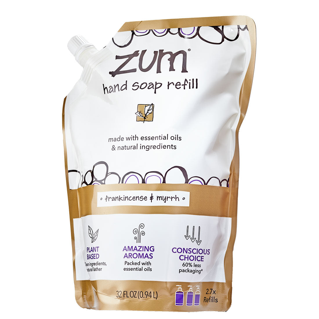 32 oz. plastic pouch filled with frankincense and myrrh hand soap.