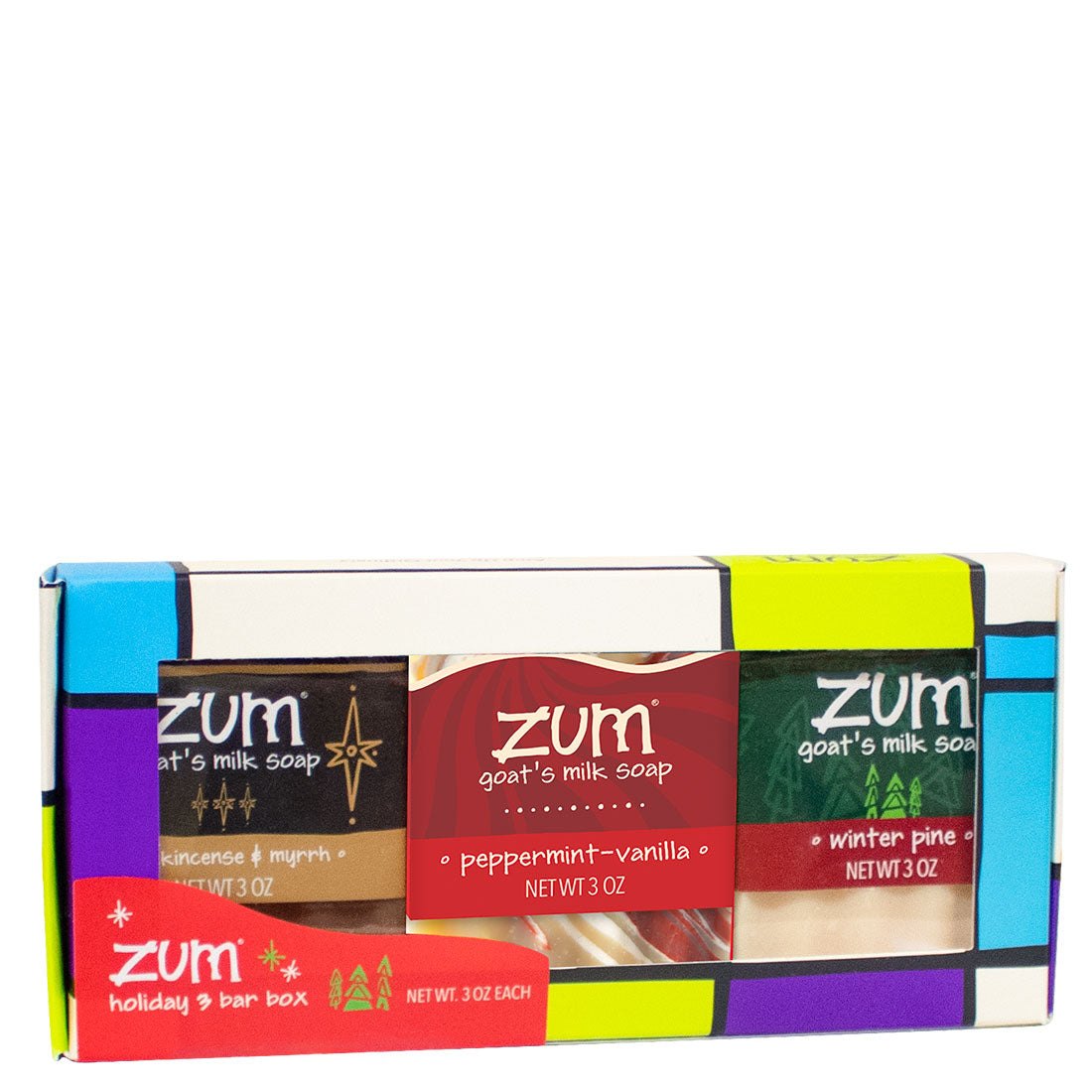 3 Holiday Themed Zum Bars in a box. Frankincense & Myrrh, Peppermint-Vanilla, and Winter Pine scented bars.