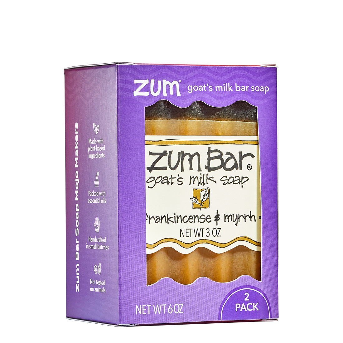 Frankincense & Myrrh Zum Bar goat's milk soap packaging with purple and white design