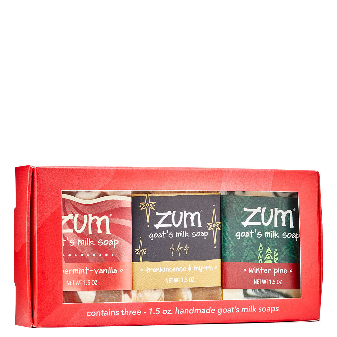 Red box containing three 1.5 oz Mini Zum Bars in Peppermint-Vanilla, Frankincense & Myrrh, and Winter Pine scents.