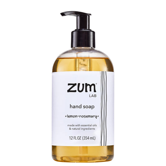 Lemon-Rosemary Hand Soap in a clear bottle with white label and black pump