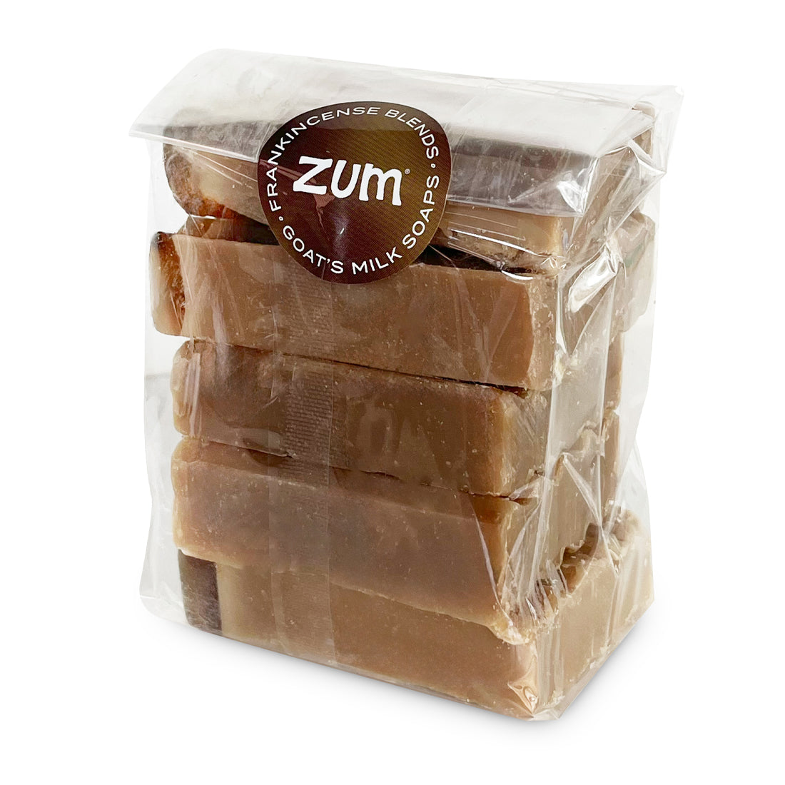 Clear bag filled with five frankincense and myrrh Zum Bar Soaps