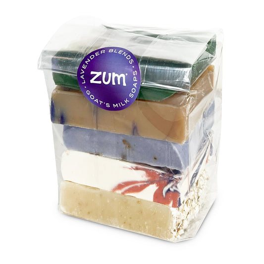 Clear bag tied with a bow containing a pound of assorted colored and assorted lavender scented Zum Bar Soap Pieces
