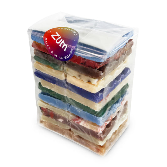 Clear bag filled with a pound of mini Zum Bar end cuts in a variety of colors and scents.