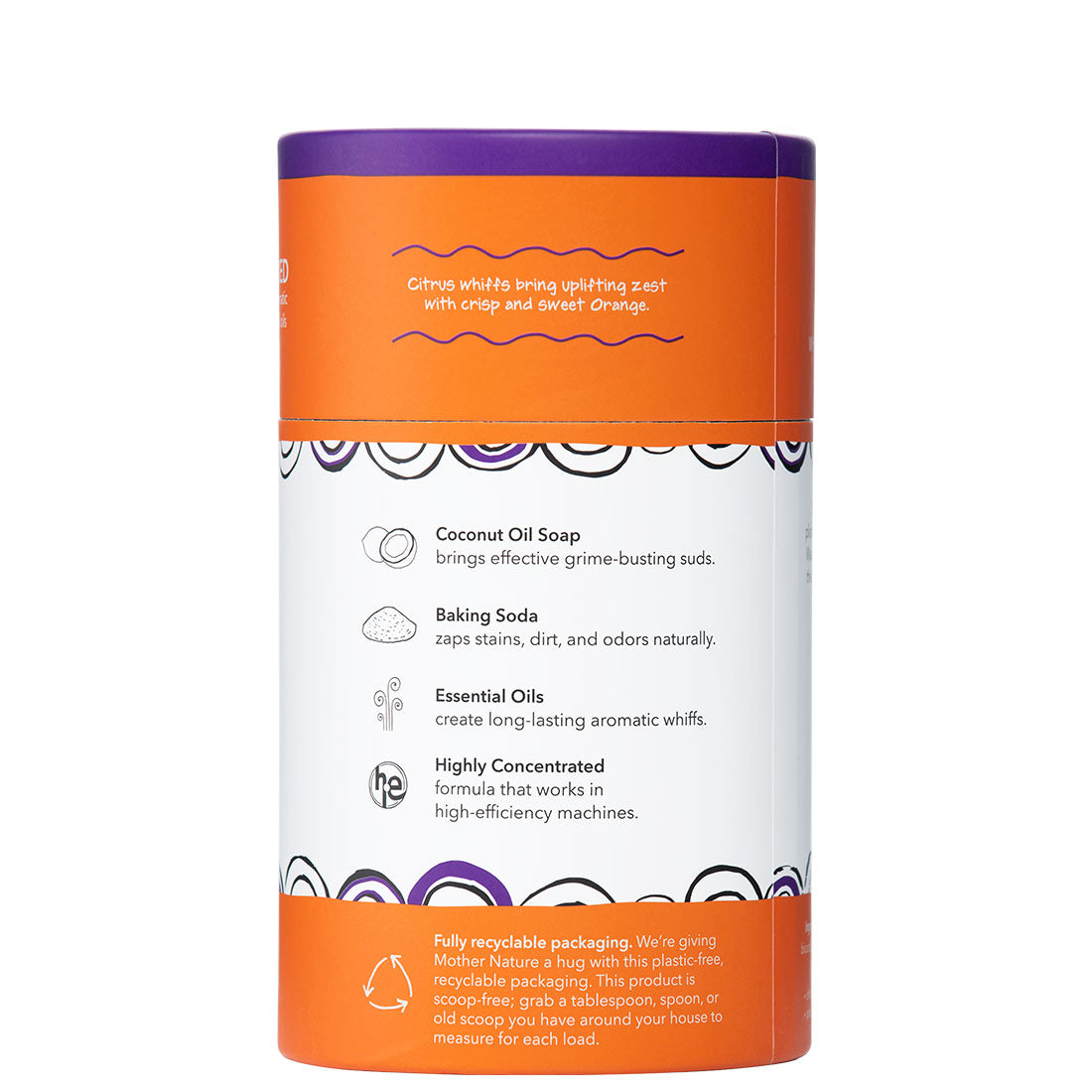 Sweet Orange Powdered Laundry Soap in labeled container on white background facing the back to show ingredient panel.