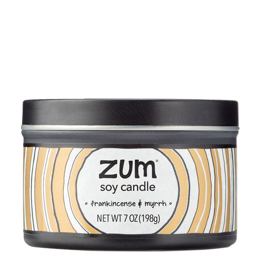 Side view 7 oz Frankincense & Myrrh Candle in a black tin with brown and white label that has circular designs.