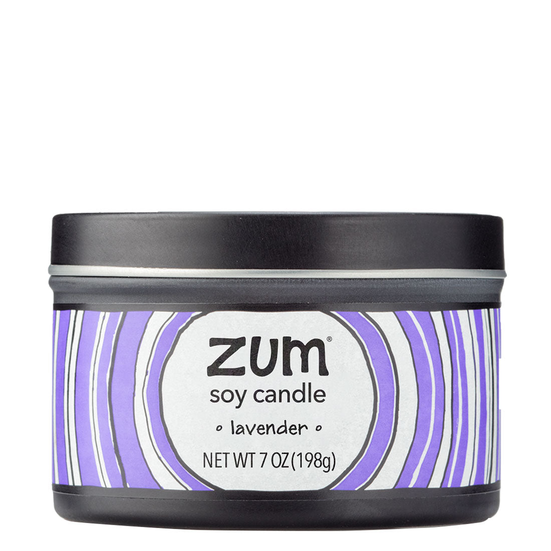 Side view 7 oz Lavender Candle in a black tin with light purple and white label that has circular designs.