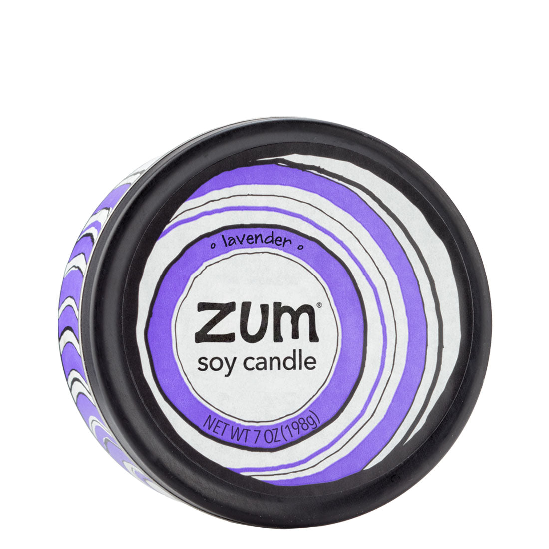 Top view 7 oz Lavender Candle in a black tin with light purple and white label that has circular designs.