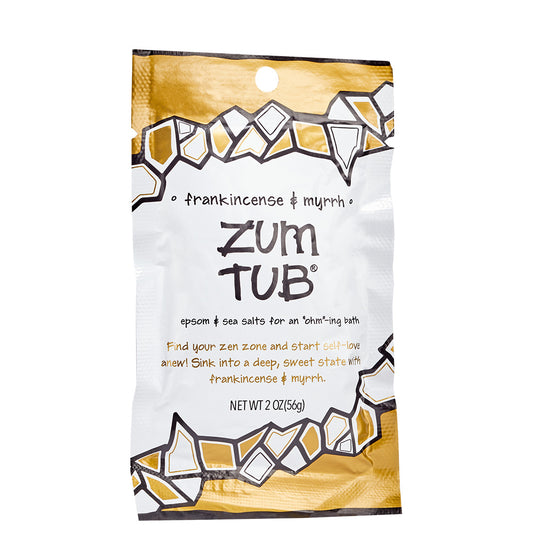 Tearable packet containing frankincense and myrrh scented bath salts.