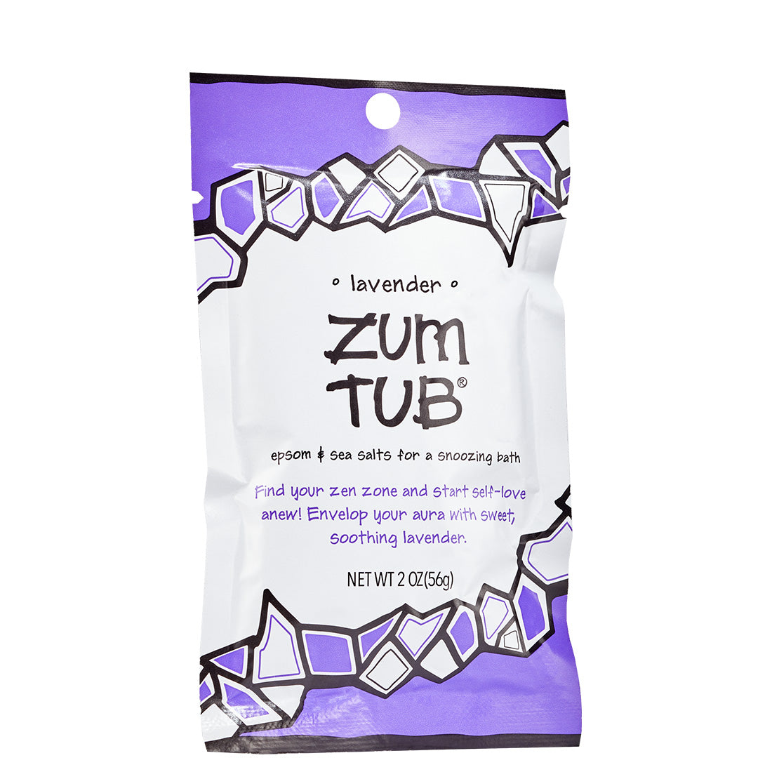 Tearable packet with purple design containing lavender scented bath salts