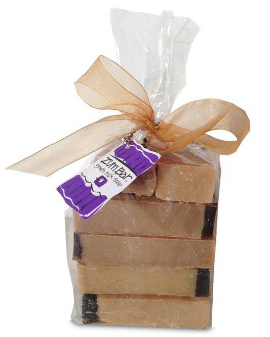 Clear bag filled with five frankincense and myrrh Zum Bar Soaps