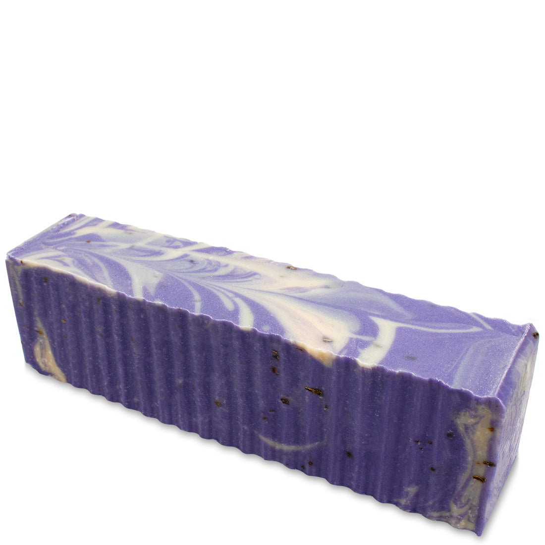 Purple 3lb brick of bar soap with white swirls and lavender specks.