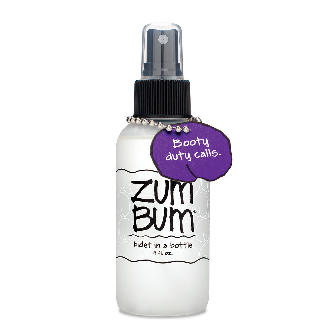 Cylinder bottle with spray pump that contains Zum Bum bidet in a bottle and has a small hangtag.