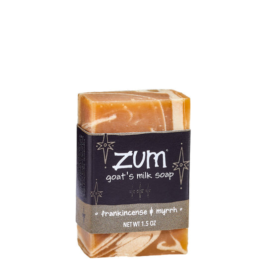 Brown and cream swirled Zum Bar with black holiday label in the scent of Frankincense & Myrrh.