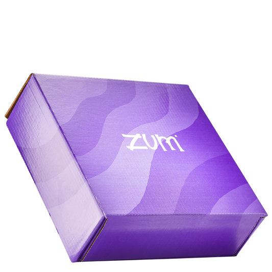 Outside of large gift box with purple wavy design and Zum logo in the center.