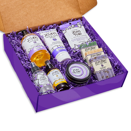 Large Gift Set in purple box with crinkle containing assorted lavender  Zum products.