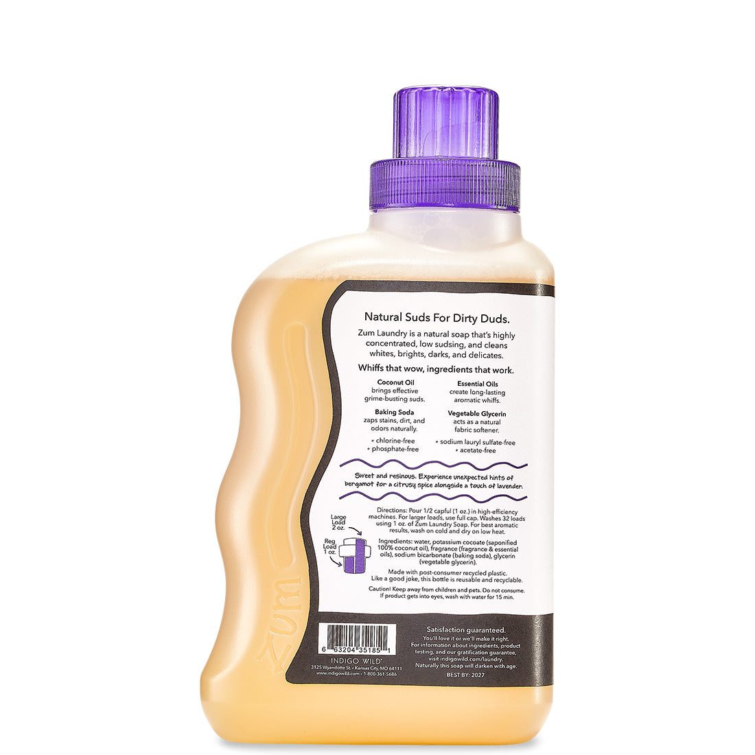 Back view of plastic bottle with purple cap containing geranium-patchouli scented laundry soap liquid
