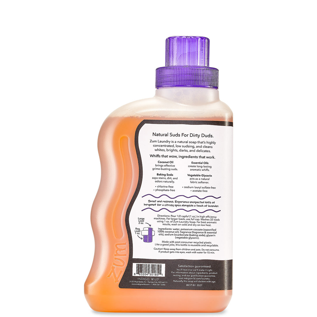 Back view of Plastic bottle with purple cap containing Amber scented laundry soap liquid