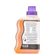 Back view of Plastic bottle with purple cap containing Amber scented laundry soap liquid
