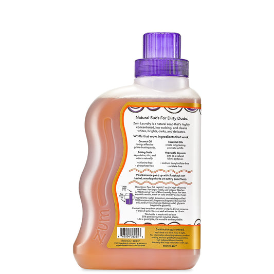 Back view of wavy bottle containing Frankincense-Patchouli Zum Laundry Soap
