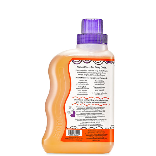 Back view of small bottle with wavy edge that contains Patchouli Zum Laundry Soap