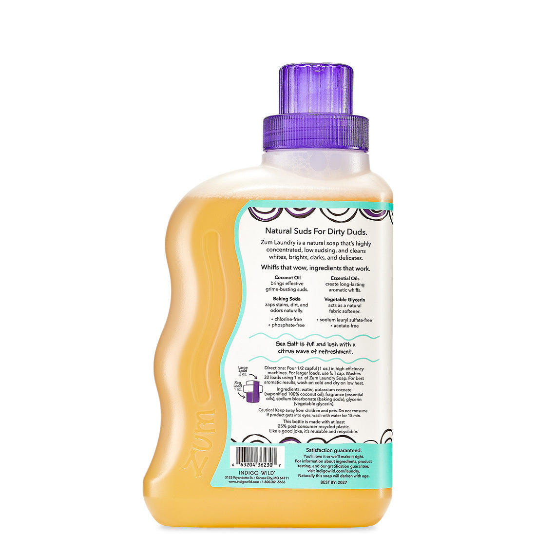 Back view of small bottle with wavy edge that contains Sea Salt Zum Laundry Soap