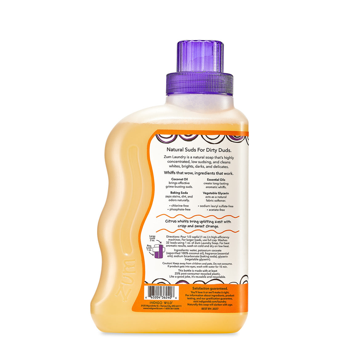 Back view of small bottle with wavy edge containing Sweet Orange Zum Laundry Soap