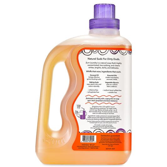 Back view of large bottle with handle and screw cap that contains Patchouli Zum Laundry Soap