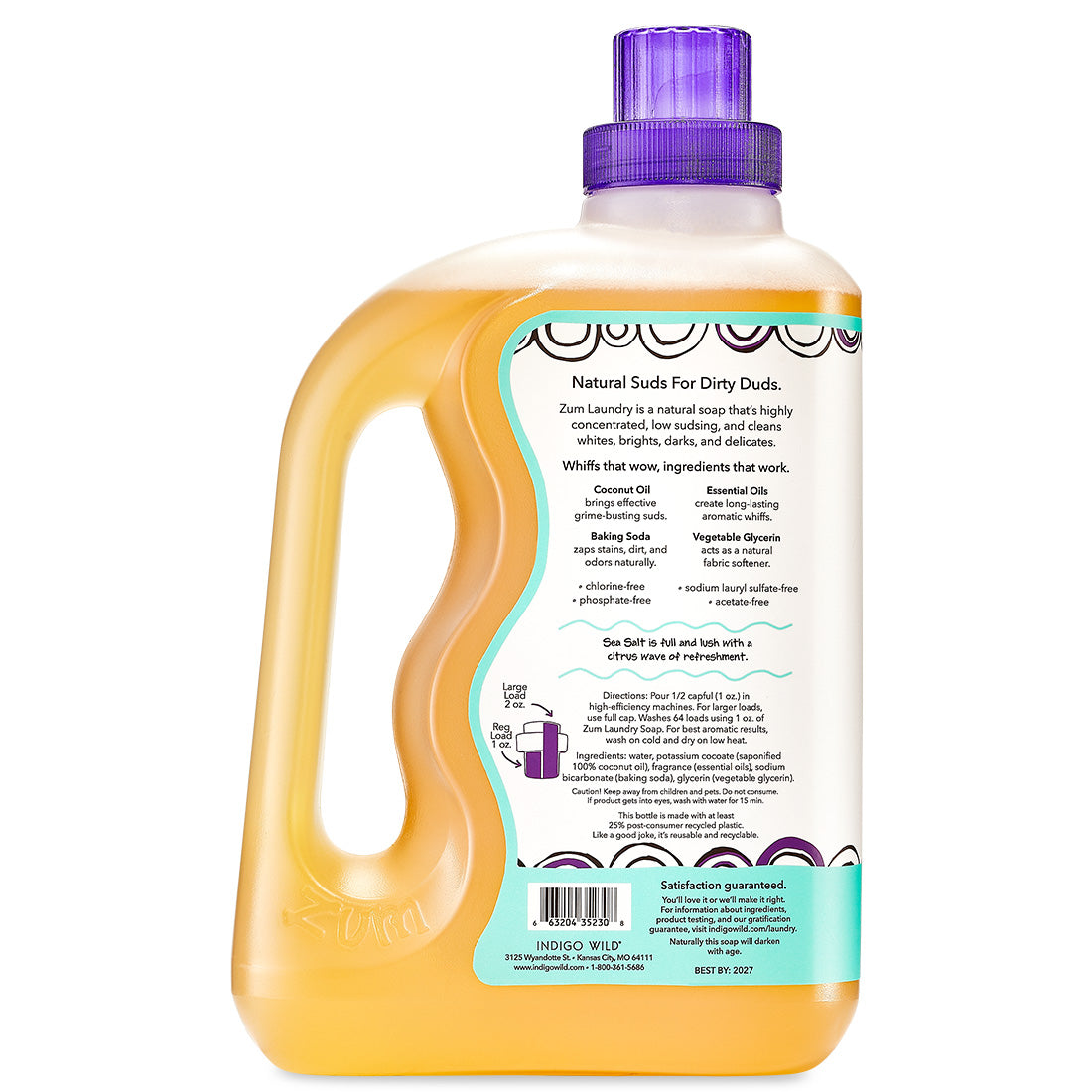 Back view of large bottle with handle and screw cap containing Sea Salt Zum Laundry Soap