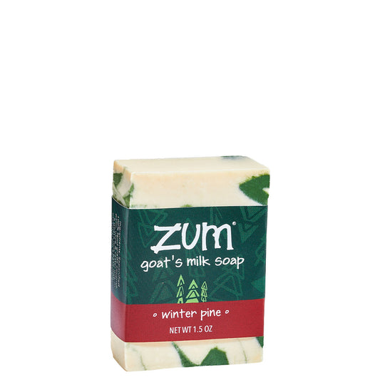 Front Shot of Mini Zum Winter Pine Goat's Milk Soap swirled white and green.