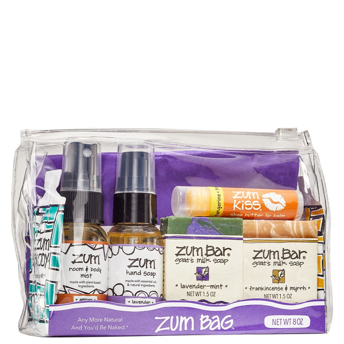 Clear bag filled with various mini Zum products