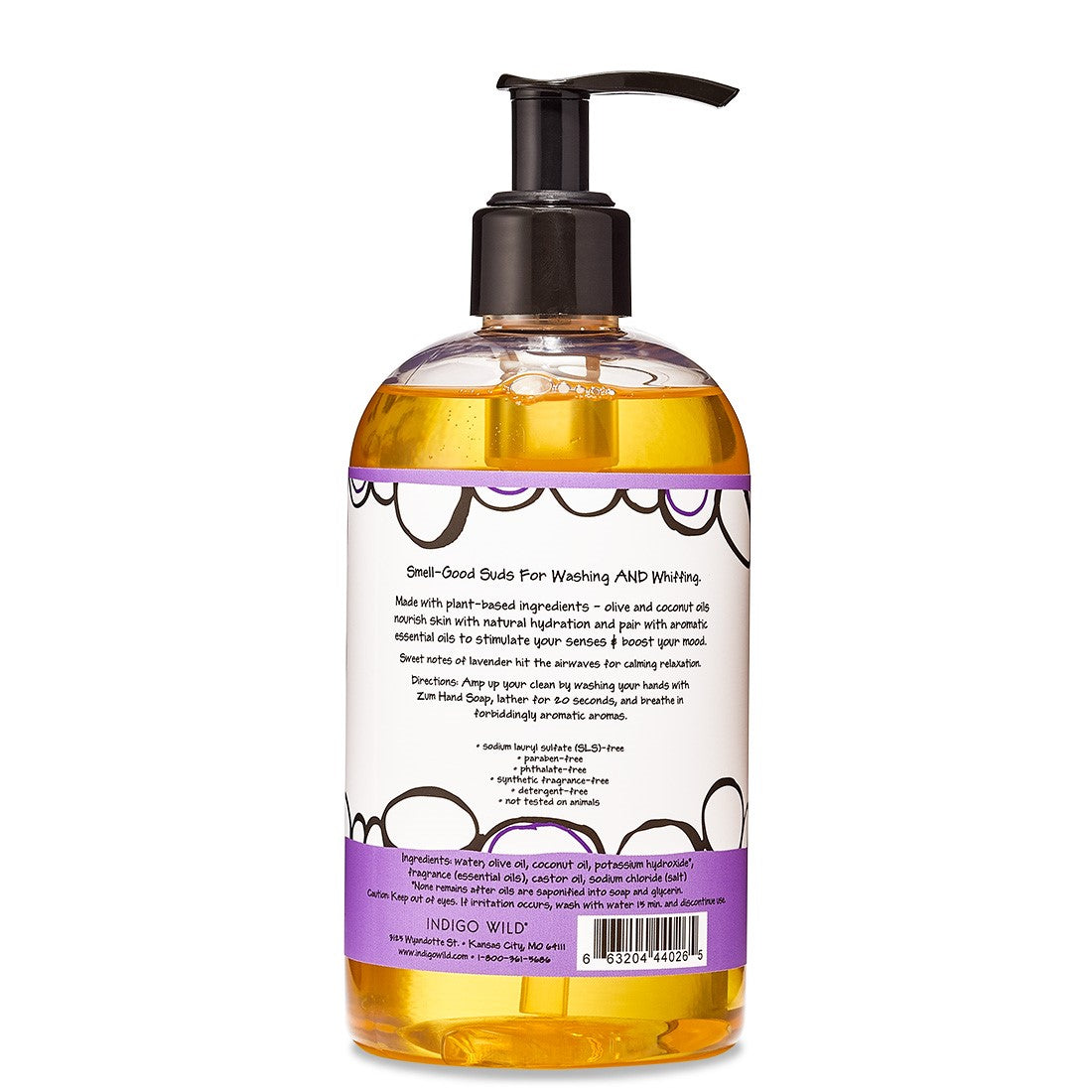 Backside of round bottle with dispensing pump top that contains lavender scented liquid hand soap.