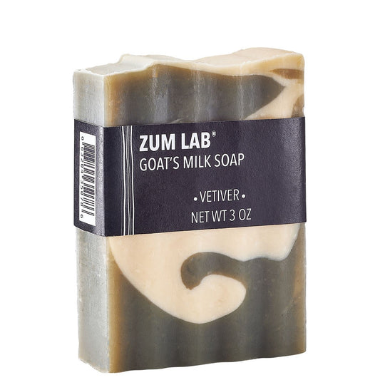Labeled Vetiver scented Zum Bar Soap with grey and cream swirls