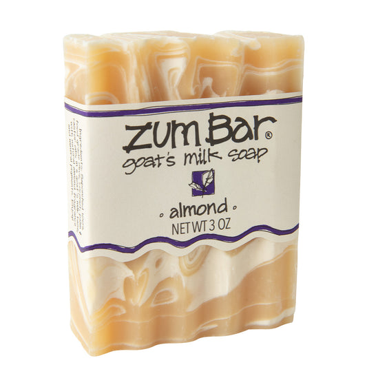 Labeled Almond scented Zum Bar Soap with yellow and cream swirls