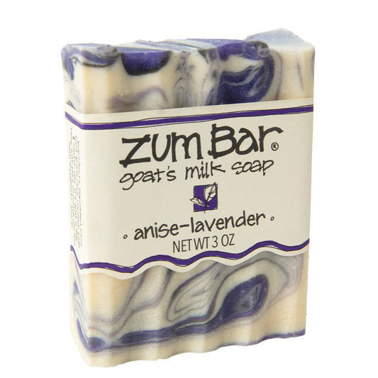 Labeled Anise-Lavender scented Zum Bar Soap with white, purple and black colored swirls.