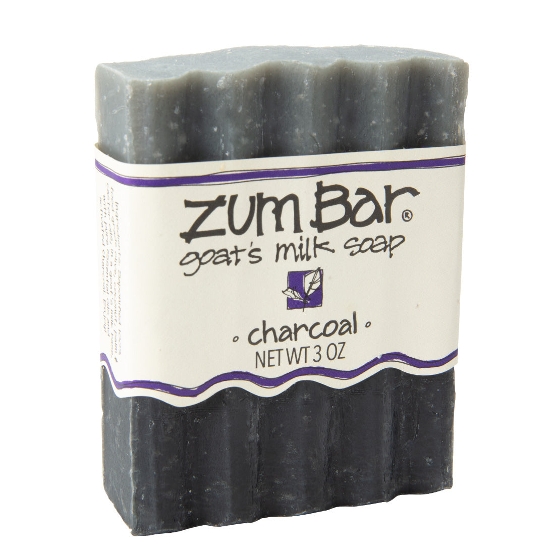 Labeled Charcoal Zum Bar Soap with grey and black coloring.