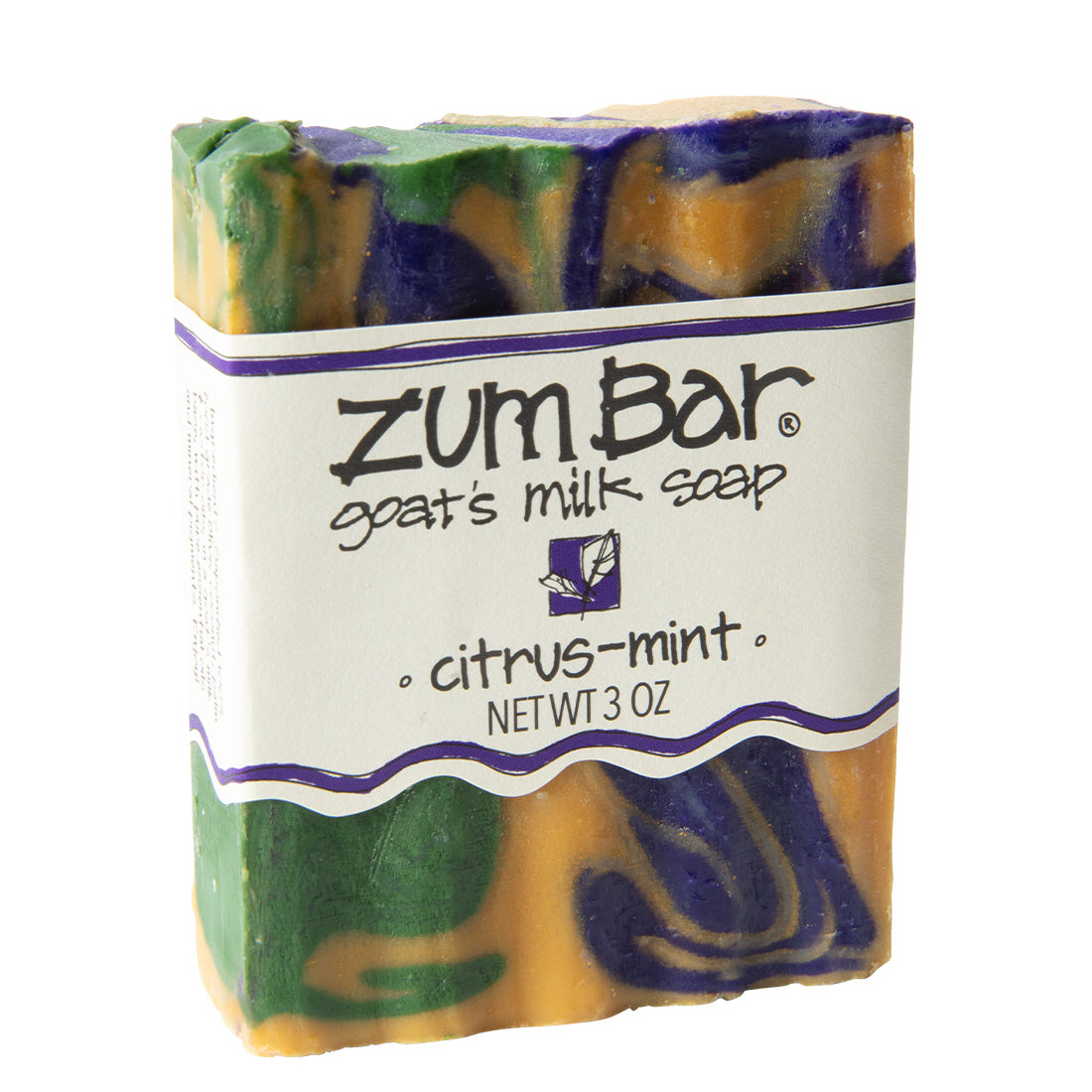 Labeled Citrus-Mint scented Zum Bar Soap with yellow, green and blue colored swirls.