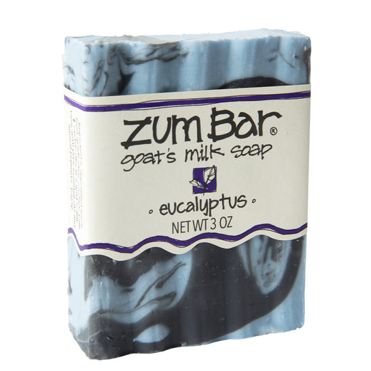 Labeled Eucalyptus scented Zum Bar Soap with blue and black colored swirls.