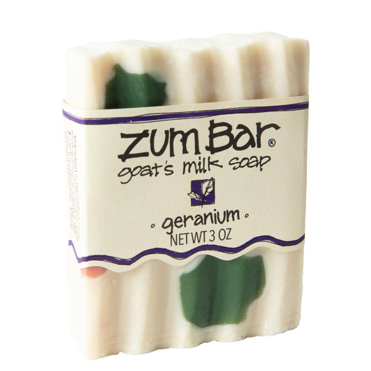 Labeled Geranium scented Zum Bar Soap with cream, white pink and blue colors