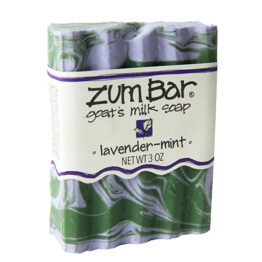 Labeled lavender-mint scented Zum Bar Soap with green and purple colored swirls.
